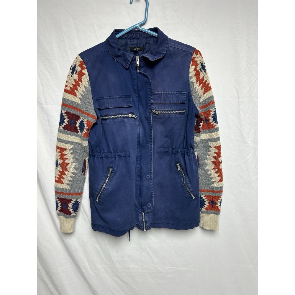 Quinn Women's Utility Military  Field Jacket Blue Canvas Aztec Print Sleeves, Sm